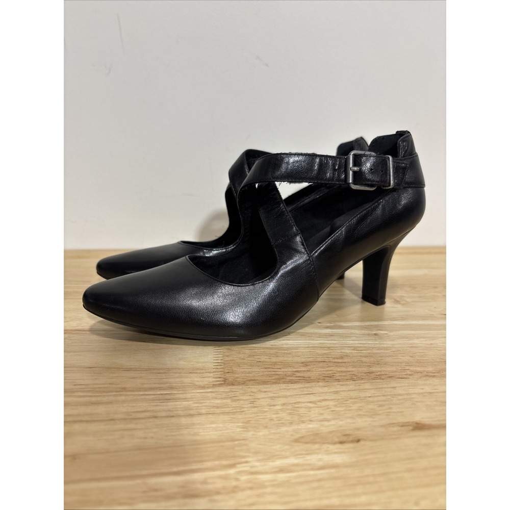 Rockport Black Leather Pumps Cris-Cross Pointed Toe Side Buckle‎ Womens Size 7.5